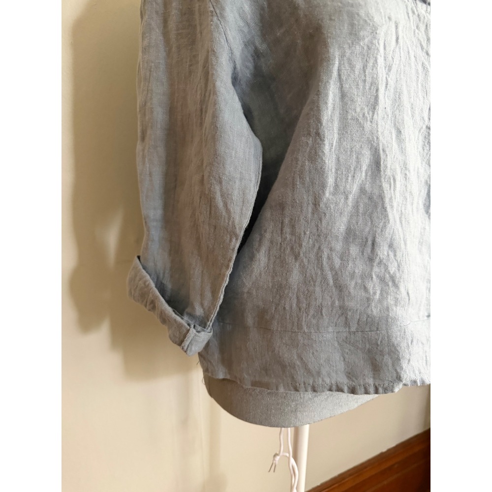 Gigi Moda Italy Blue Linen V-Neck Tunic Top Long Sleeve Lagenlook coastal beachy - Picture 2 of 10